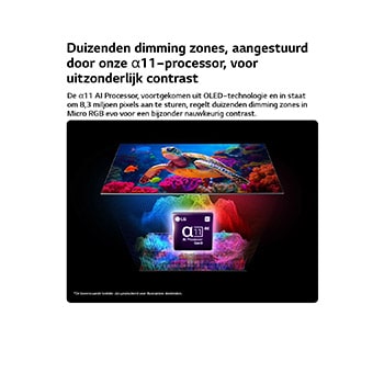 LG Micro RGB evo AI MRGB96 met Micro Dimming Ultra toont een levendig zeeleven met precieze kleurscheiding over meer dan 8,3 miljoen pixels, versterkt door duizenden dimmingszones aangestuurd door alpha 11 AI Processor 4K Gen3.